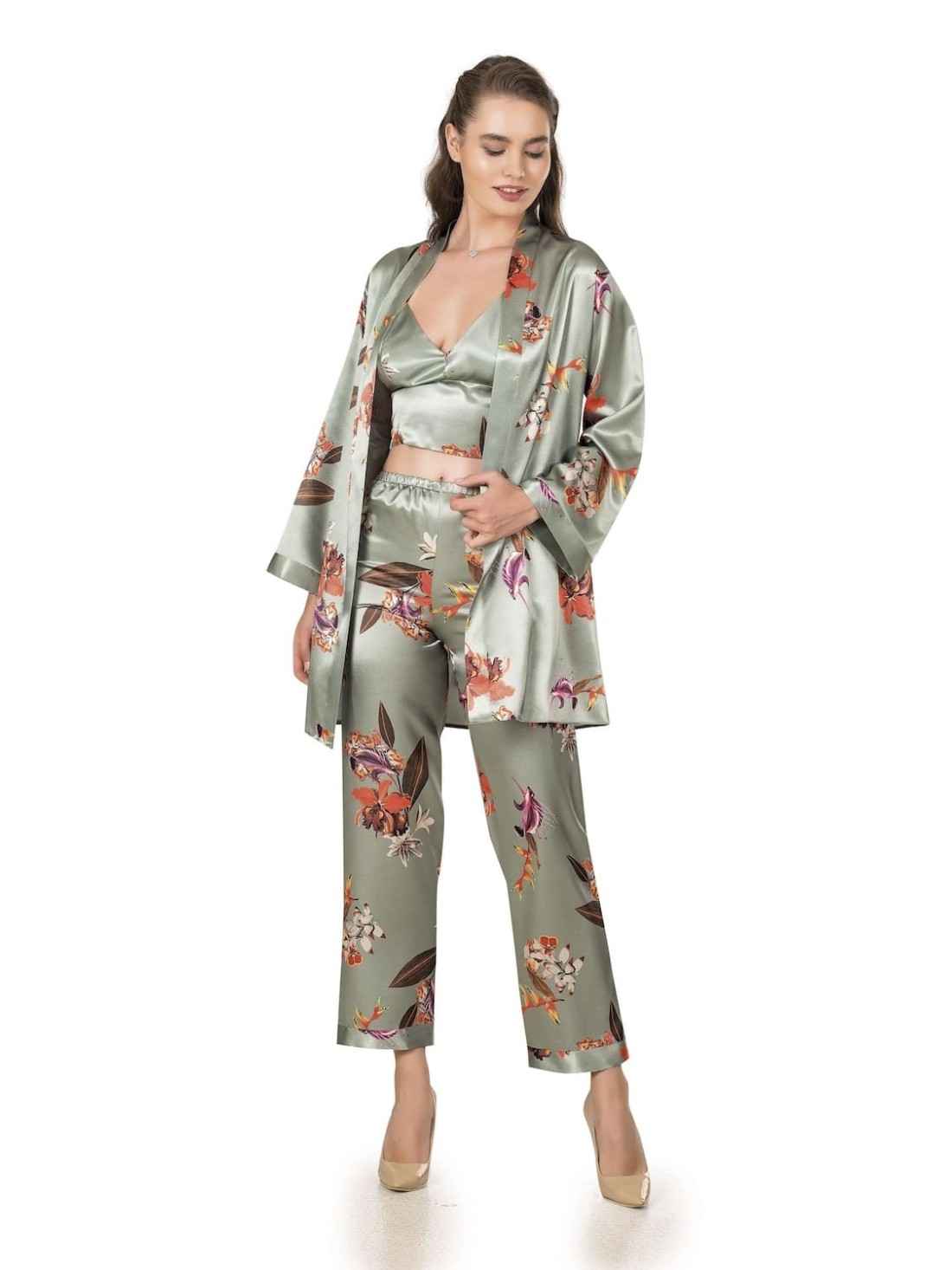 Eleganter dreiteiliger Damenpyjama, Oberteil, Hose, Bademantel, Oliv PIZ334 - Online-Shop - Boutique